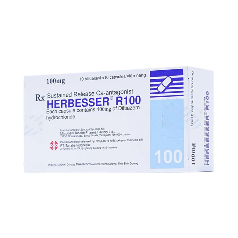 Thuốc Herbesser R100 điều trị tăng huyết áp vô căn, đau thắt ngực ổn định (10 vỉ x 10 viên)
