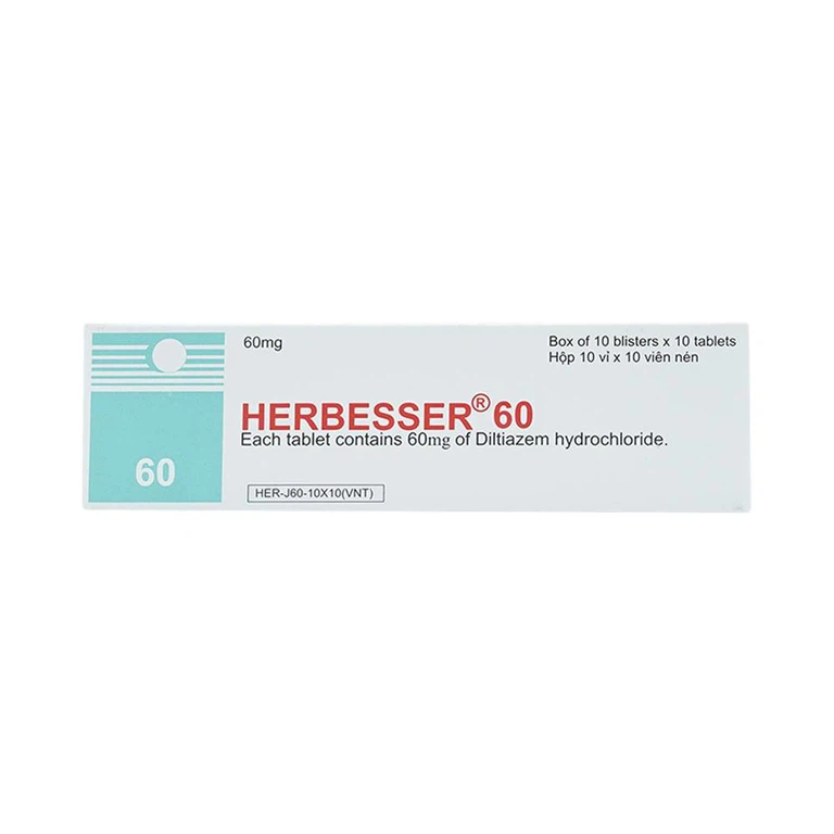 Thuốc Herbesser 60mg điều trị cao huyết áp vô căn, đau thắt ngực (10 vỉ x 10 viên)