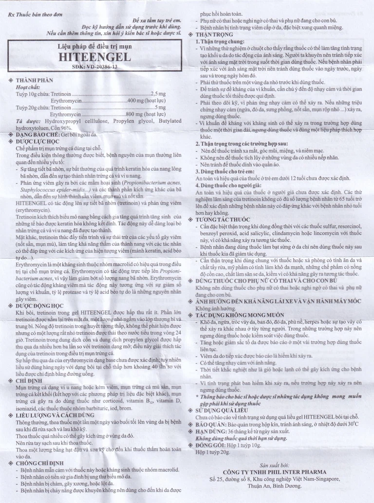 Gel bôi da Hiteen Phil điều trị mụn trứng cá dạng vi u nang hoặc kèm viêm, mụn trứng cá mủ sần (20g)