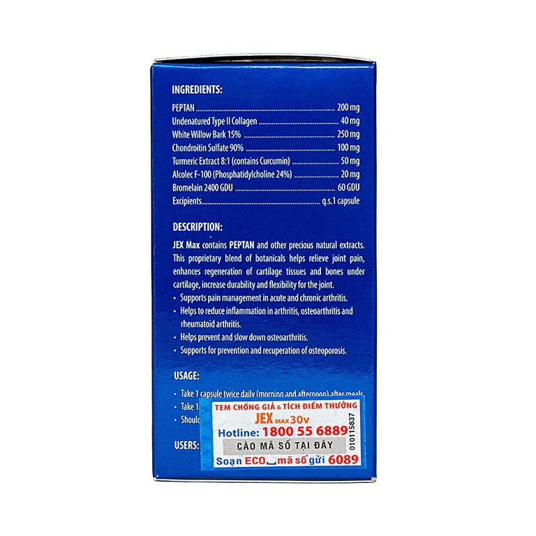 Viên uống Jex Max Ecogreen hỗ trợ giảm đau xương khớp cấp tính và mãn tính (30 viên)
