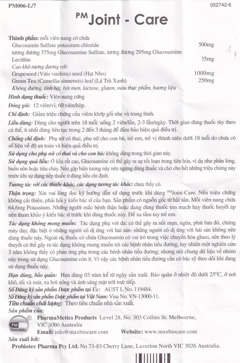 Thuốc PM Joint-Care giảm triệu chứng viêm khớp gối nhẹ và trung bình (5 vỉ x 12 viên)