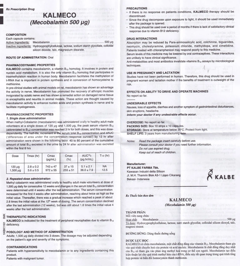 Viên nang Kalmeco 500µg Kalbe điều trị các bệnh thần kinh ngoại biên do thiếu hụt vitamin B12 (10 vỉ x 10 viên)