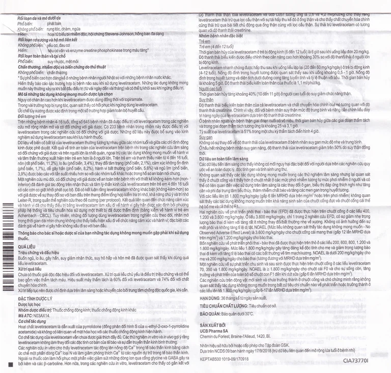 Viên nén Keppra 500mg GSK điều trị các cơn động kinh cục bộ (6 vỉ x 10 viên)