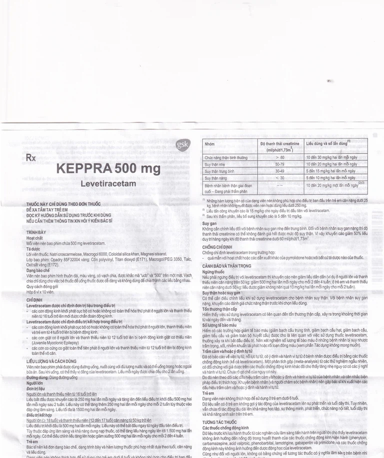 Viên nén Keppra 500mg GSK điều trị các cơn động kinh cục bộ (6 vỉ x 10 viên)