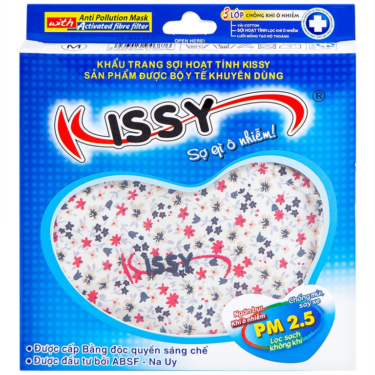Khẩu trang sợi hoạt tính Kissy size M 3 lớp giúp lọc sạch không khí, ngăn bụi, khí ô nhiễm