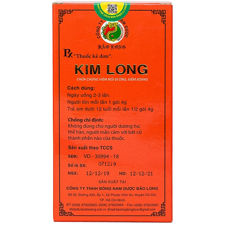 Thuốc Kim Long chữa chứng hắt hơi, sổ mũi, ngạt mũi, mặt mũi đau nhức (10 gói x 4g)