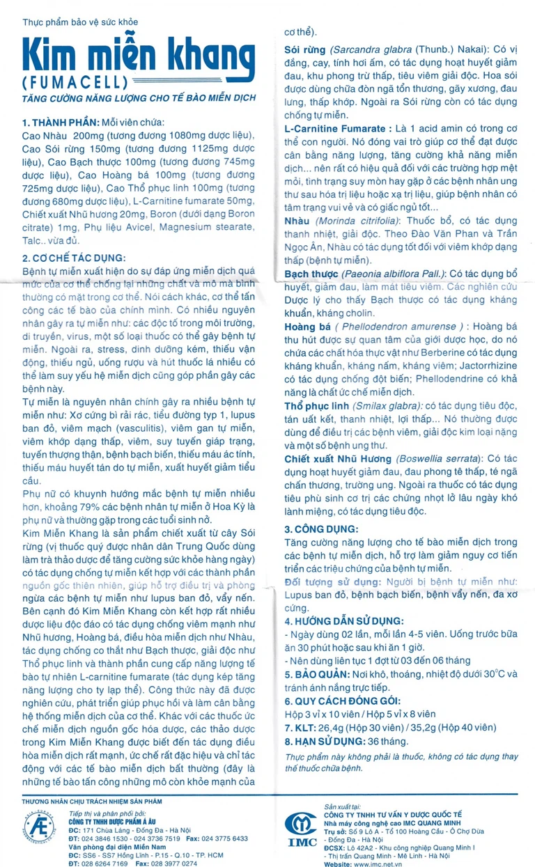 Viên uống Kim Miễn Khang IMC tăng cường năng lượng cho tế bào miễn dịch (3 vỉ x 10 viên)