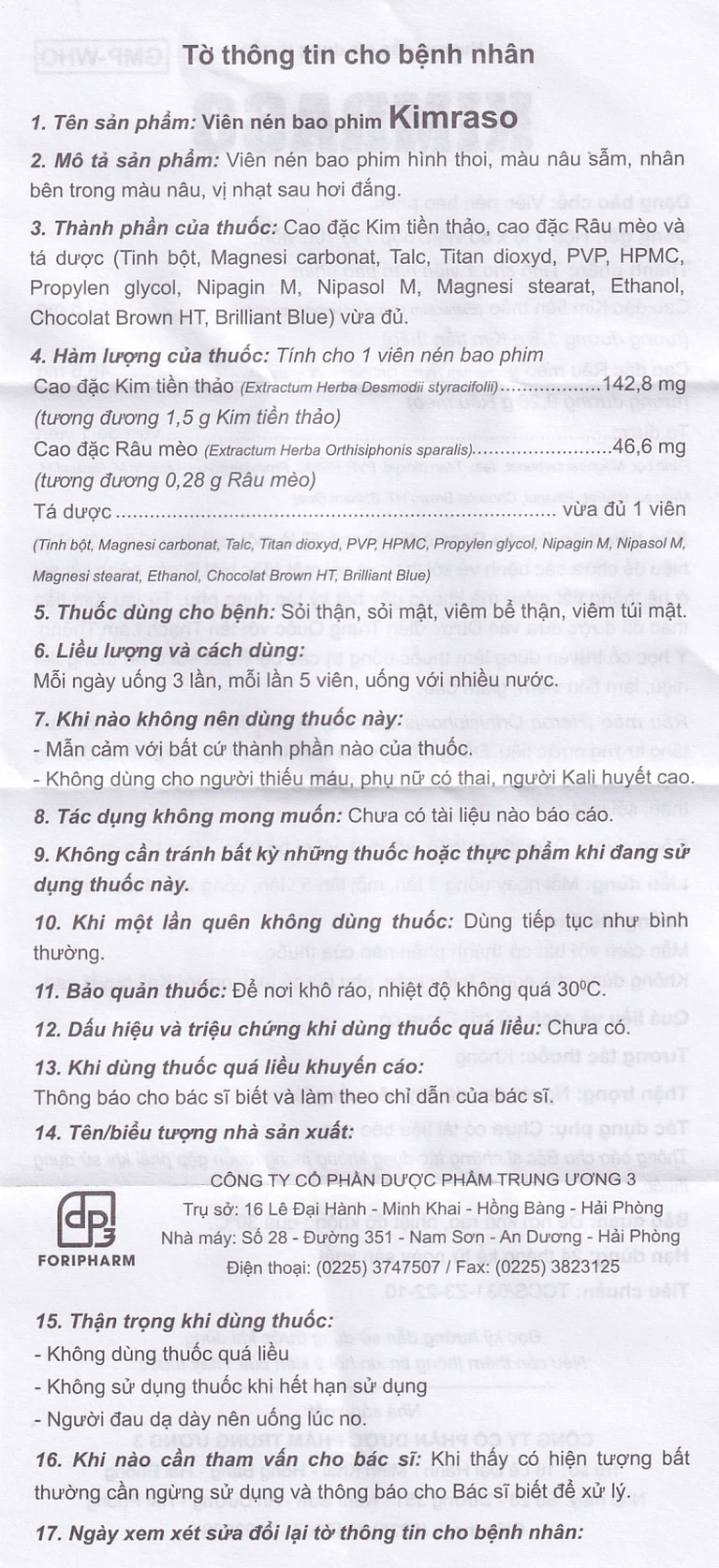 Viên nén Kimraso Forifarm điều trị sỏi thận, sỏi mật, viêm bể thận, viêm túi mật (60 viên)