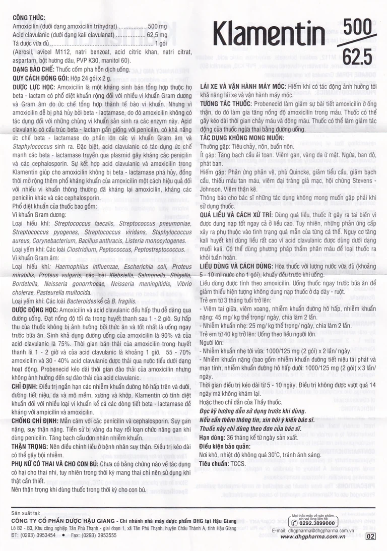 Cốm pha hỗn dịch uống Klamentin 500/62.5 DHG Pharma điều trị nhiễm khuẩn đường hô hấp (24 gói)