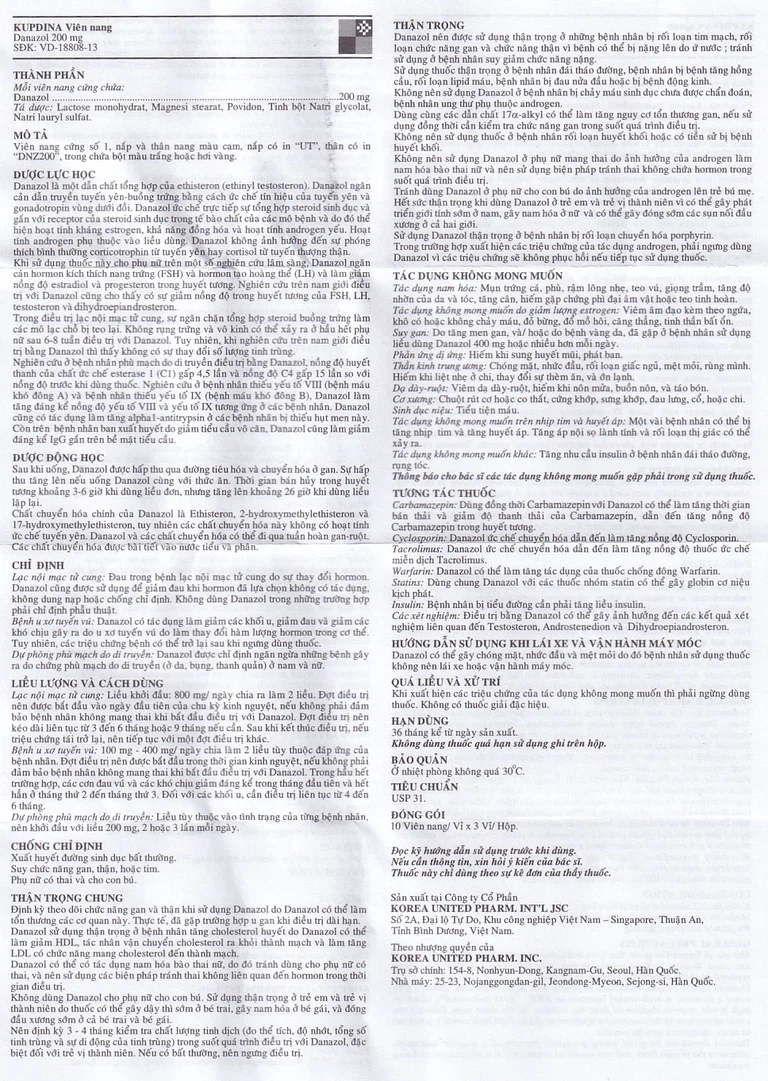 Viên nang cứng Kupdina 200mg Korea United Pharm điều trị đau trong lạc nội mạc tử cung, u xơ tuyến vú (3 vỉ x 10 viên)