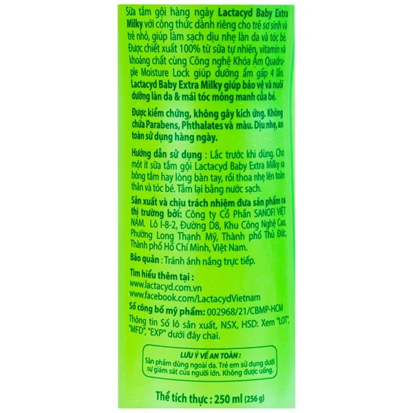 Sữa tắm gội hàng ngày Body And Hair Wash Lactacyd Baby Extra Milky sạch dịu nhẹ, dưỡng ẩm vượt trội (250ml)