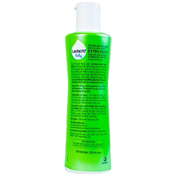 Sữa tắm gội hàng ngày Body And Hair Wash Lactacyd Baby Extra Milky sạch dịu nhẹ, dưỡng ẩm vượt trội (250ml)