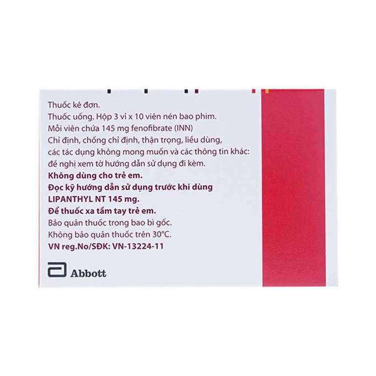 Thuốc Lipanthyl NT 145mg Abbott hỗ trợ giảm cholesterol máu và tiến triển bệnh võng mạc đái tháo đường (3 vỉ x 10 viên)