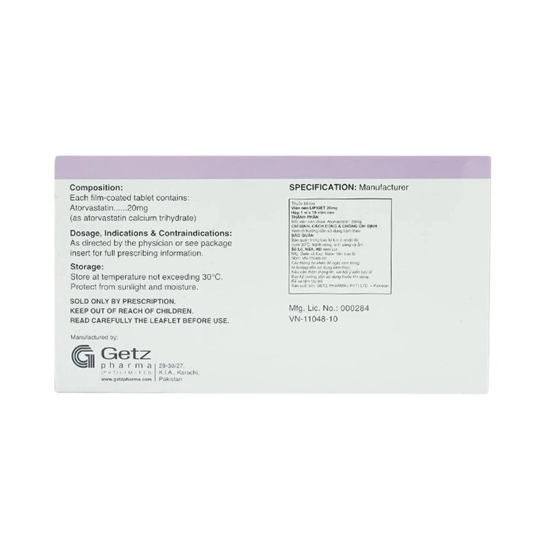 Thuốc Lipiget 20mg Getz hỗ trợ chế độ ăn kiêng trong giảm cholesterol toàn phần (1 vỉ x 10 viên)