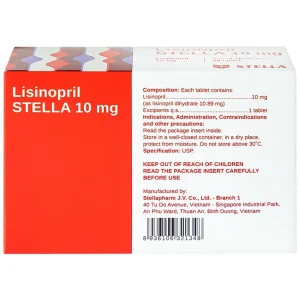 Viên nén Lisinopril Stella 10mg điều trị tăng huyết áp, suy tim sung huyết (10 vỉ x 10 viên)