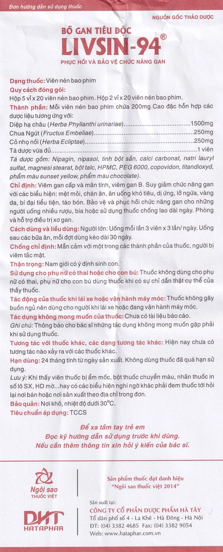 Viên nén Livsin-94 Hà Tây điều trị viêm gan cấp và mãn tính, suy gan (2 vỉ x 20 viên)
