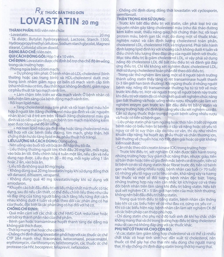 Thuốc Lovastatin 20mg Domesco phòng ngừa biến cố tim mạch (1 vỉ x 10 viên)