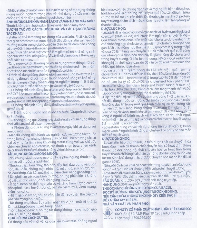 Thuốc Lovastatin 20mg Domesco phòng ngừa biến cố tim mạch (1 vỉ x 10 viên)