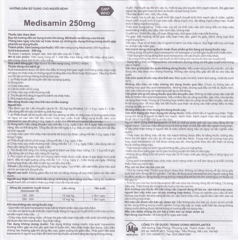 Thuốc Medisamin 250mg Mediplantex điều trị tình trạng chảy máu (10 vỉ x 10 viên)