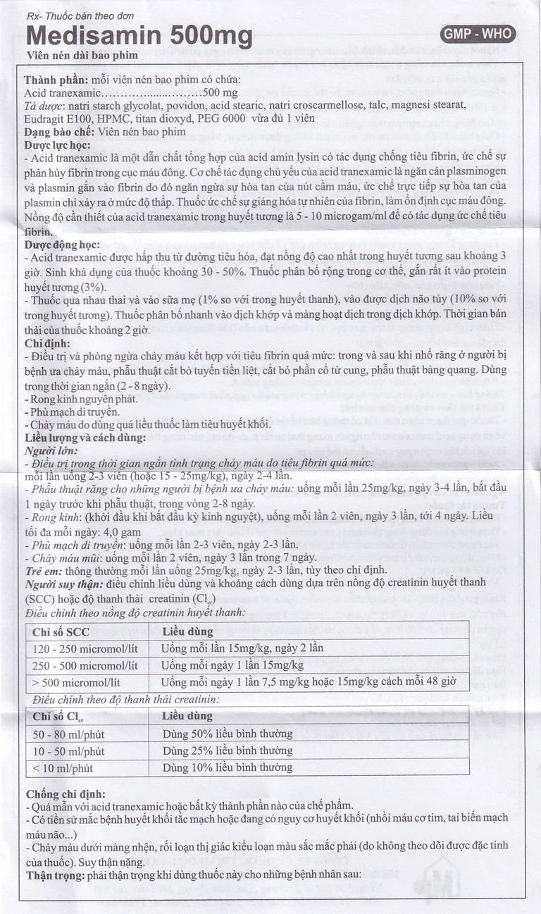 Thuốc Medisamin 500mg Mediplantex điều trị chảy máu ở bệnh ưa chảy máu, rong kinh (10 vỉ x 10 viên)