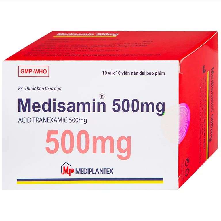 Thuốc Medisamin 500mg Mediplantex điều trị chảy máu ở bệnh ưa chảy máu, rong kinh (10 vỉ x 10 viên)