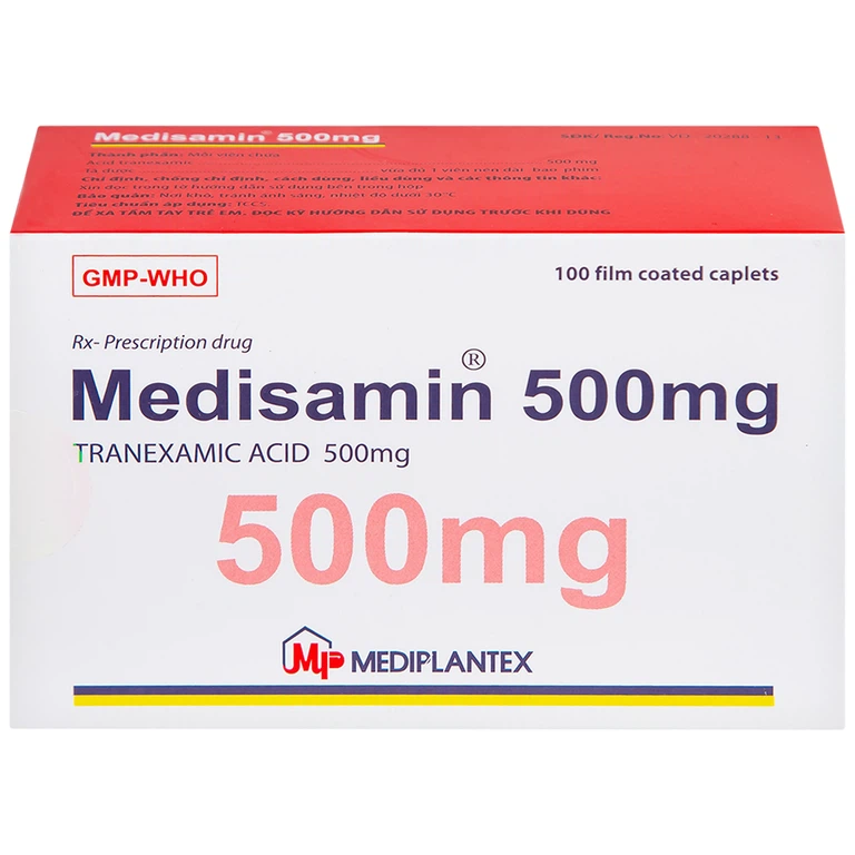 Thuốc Medisamin 500mg Mediplantex điều trị chảy máu ở bệnh ưa chảy máu, rong kinh (10 vỉ x 10 viên)