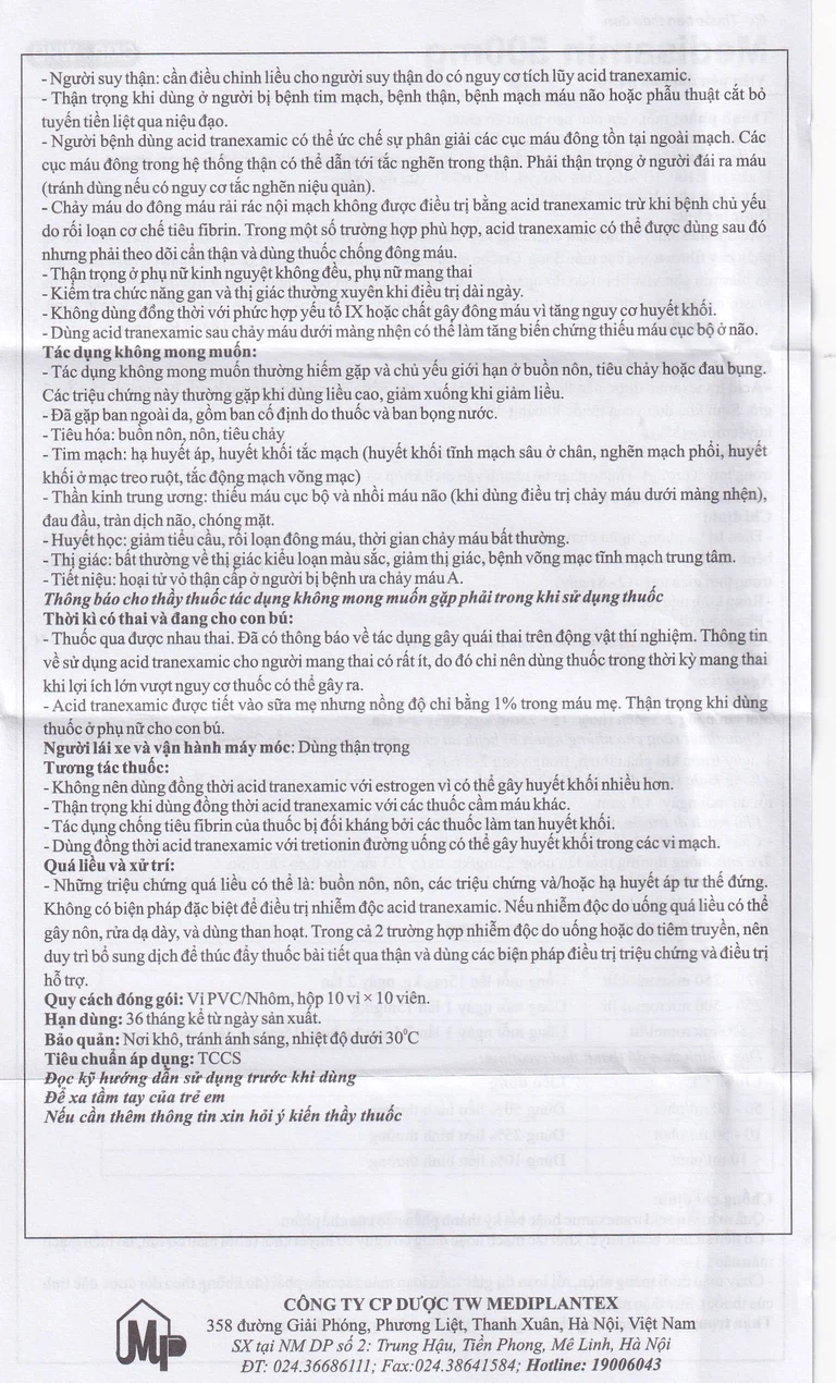 Thuốc Medisamin 500mg Mediplantex điều trị chảy máu ở bệnh ưa chảy máu, rong kinh (10 vỉ x 10 viên)