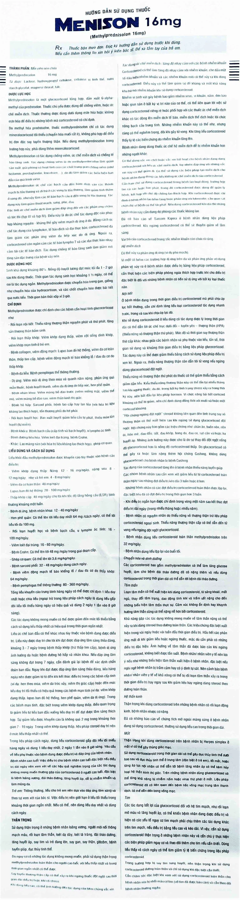 Thuốc Menison 16mg Pymepharco điều trị rối loạn nội tiết, viêm khớp, bệnh collagen (3 vỉ x 10 viên)