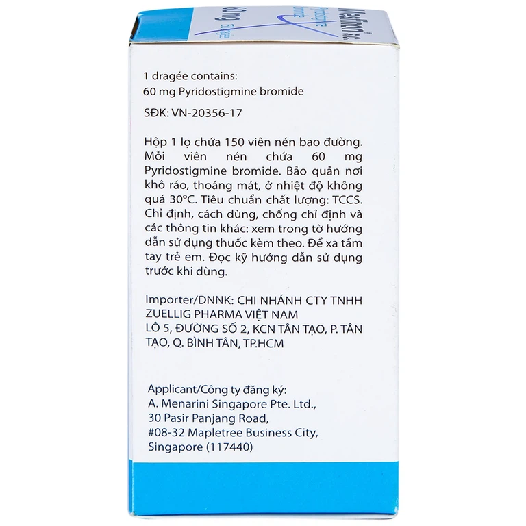 Viên nén Mestinon S.C. 60mg Menarini điều trị nhược cơ, tắc ruột do liệt ruột và bí tiểu sau phẫu thuật (150 viên)