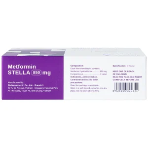 Viên nén Metformin Stella 850mg điều trị bệnh đái tháo đường (4 vỉ x 15 viên)