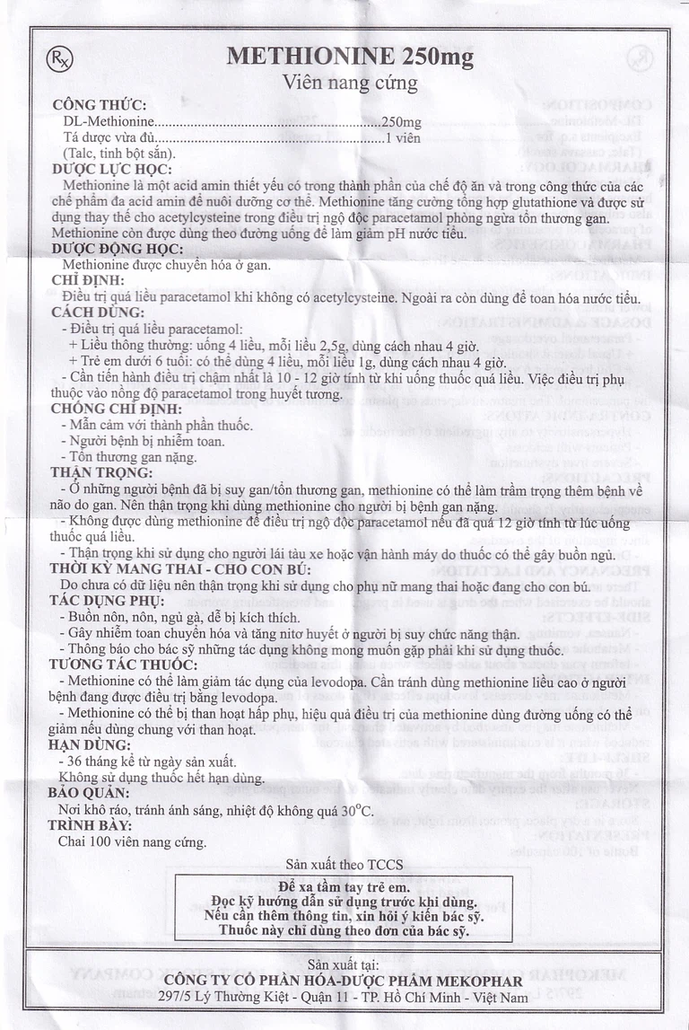 Viên nang cứng Methionine 250mg Mekophar điều trị quá liều paracetamol (100 viên)