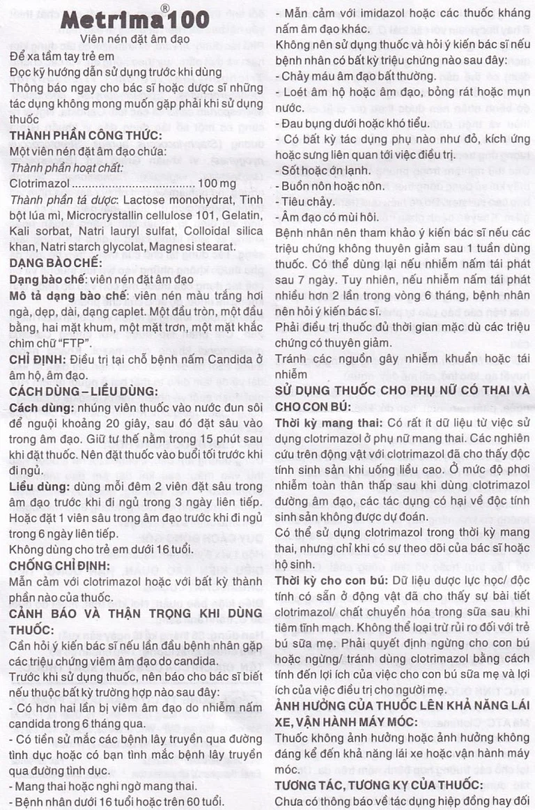 Viên đặt âm đạo Metrima 100 Dược 3-2 điều trị nấm candida (1 vỉ x 6 viên)