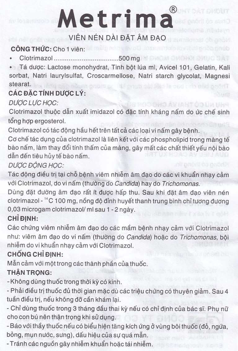 Viên đặt âm đạo Metrima Dược 3-2 điều trị nấm candida (1 vỉ x 1 viên)
