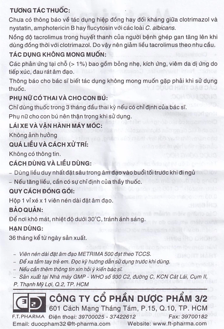 Viên đặt âm đạo Metrima Dược 3-2 điều trị nấm candida (1 vỉ x 1 viên)