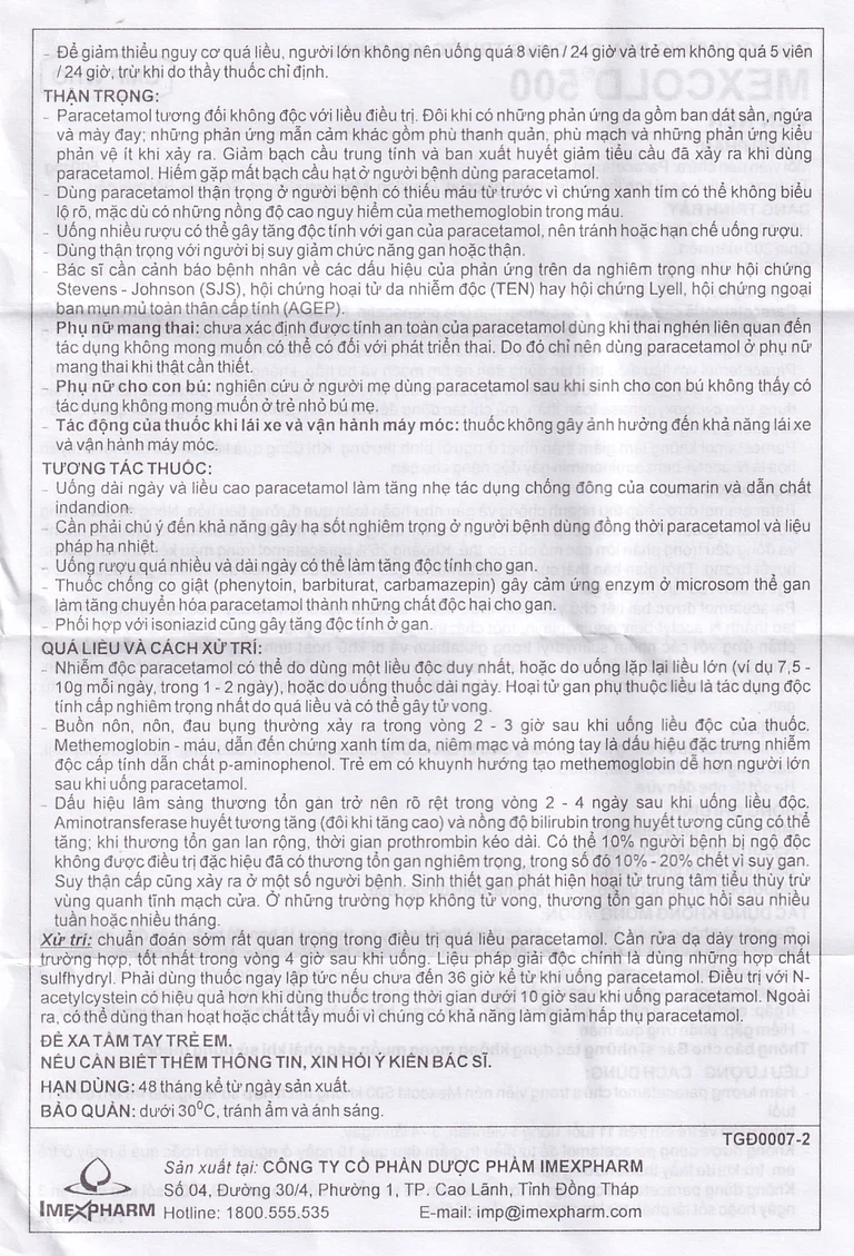 Viên nén Mexcold 500 Imexpharm điều trị đau đầu, đau răng, đau nhức bắp thịt (10 vỉ x 10 viên)