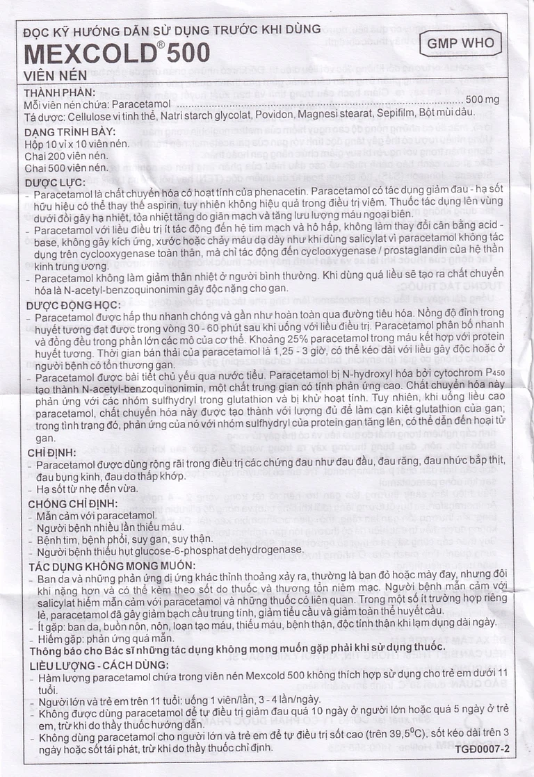 Viên nén Mexcold 500 Imexpharm điều trị đau đầu, đau răng, đau nhức bắp thịt (10 vỉ x 10 viên)