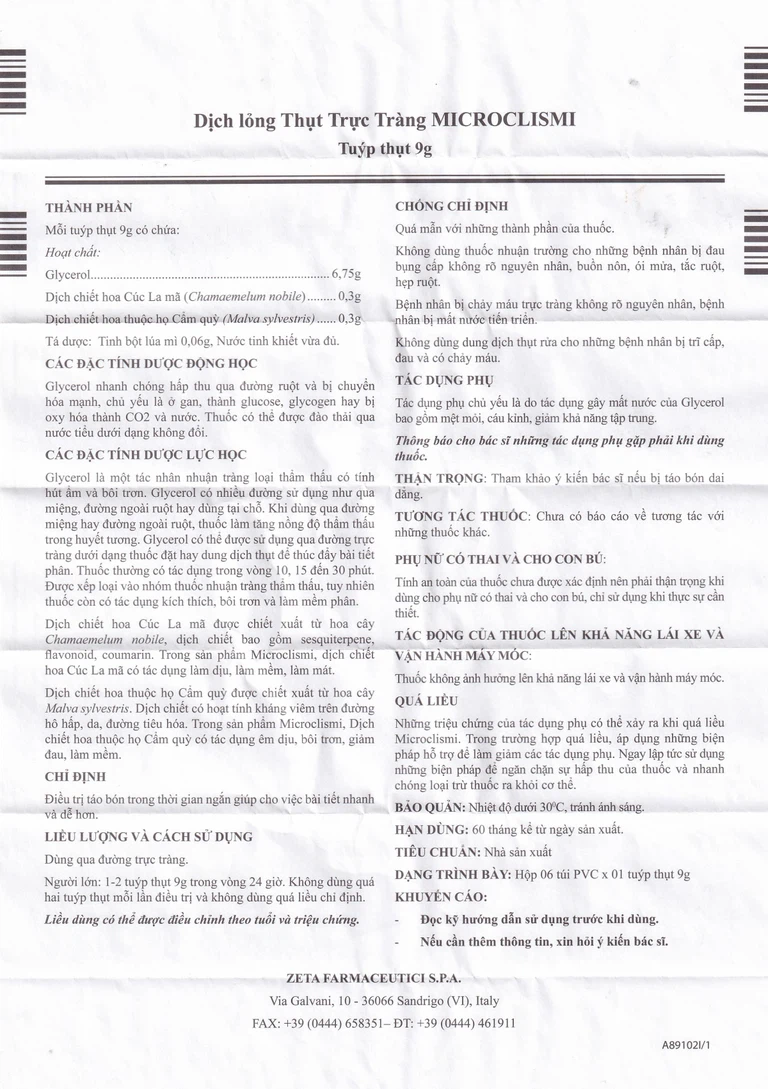 Dung dịch thụt trực tràng Microclismi Nova Argentia điều trị táo bón (6 túi x 1 tuýp x 9g)