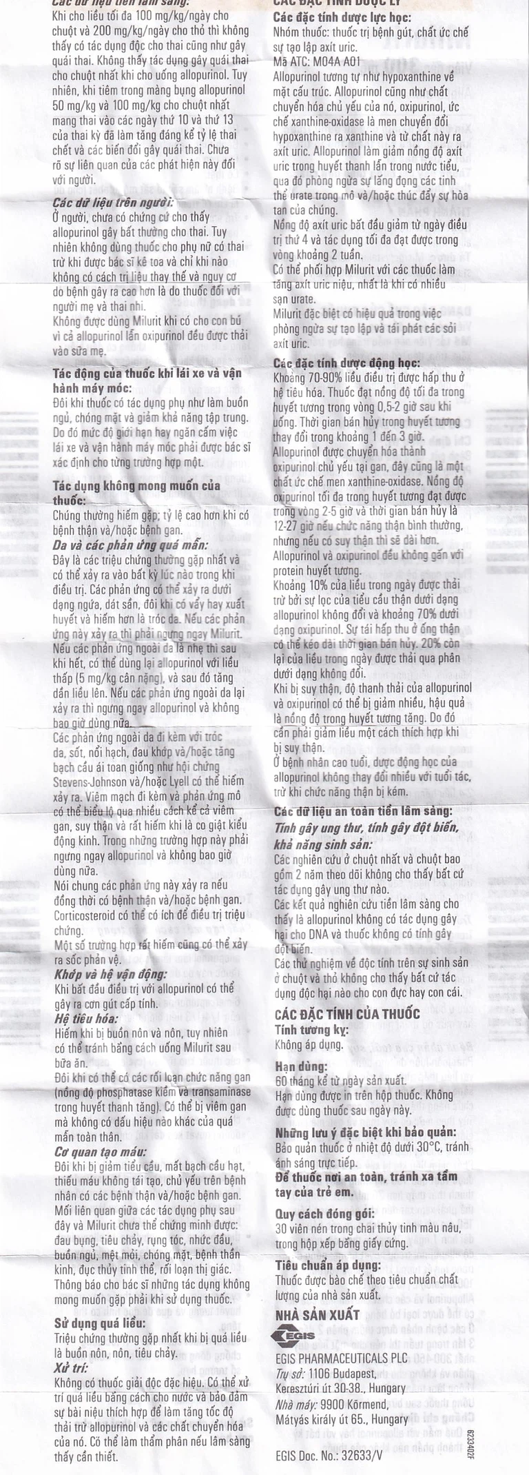 Viên nén Milurit 300mg Egis Pharma điều trị bệnh gout, phòng ngừa bệnh sỏi axit uric (30 viên)
