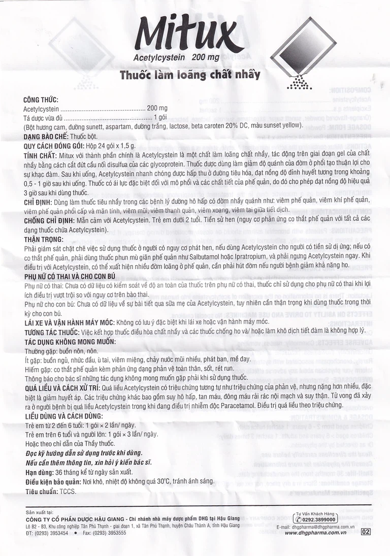 Thuốc bột uống Mitux 200mg DHG Pharma làm loãng chất nhầy đường hô hấp (24 gói x 1,5g)