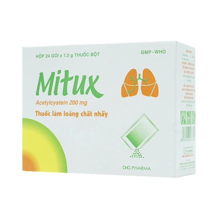 Thuốc bột uống Mitux 200mg DHG Pharma làm loãng chất nhầy đường hô hấp (24 gói x 1,5g)