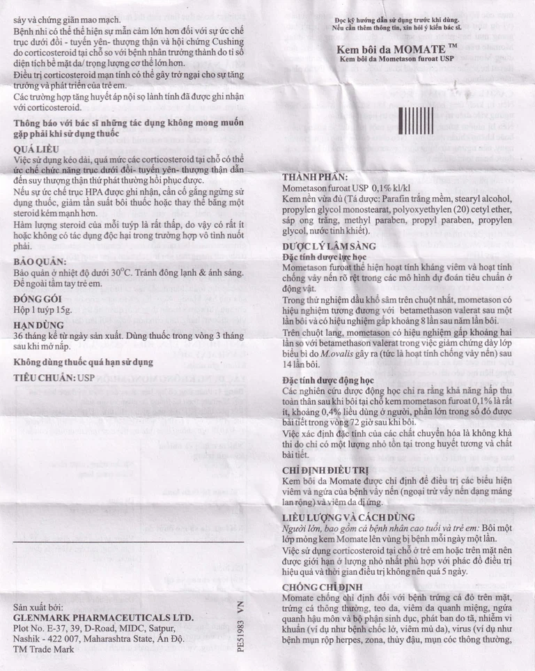 Kem bôi da Momate Glenmark điều trị viêm và ngứa bệnh vẩy nến (15g)