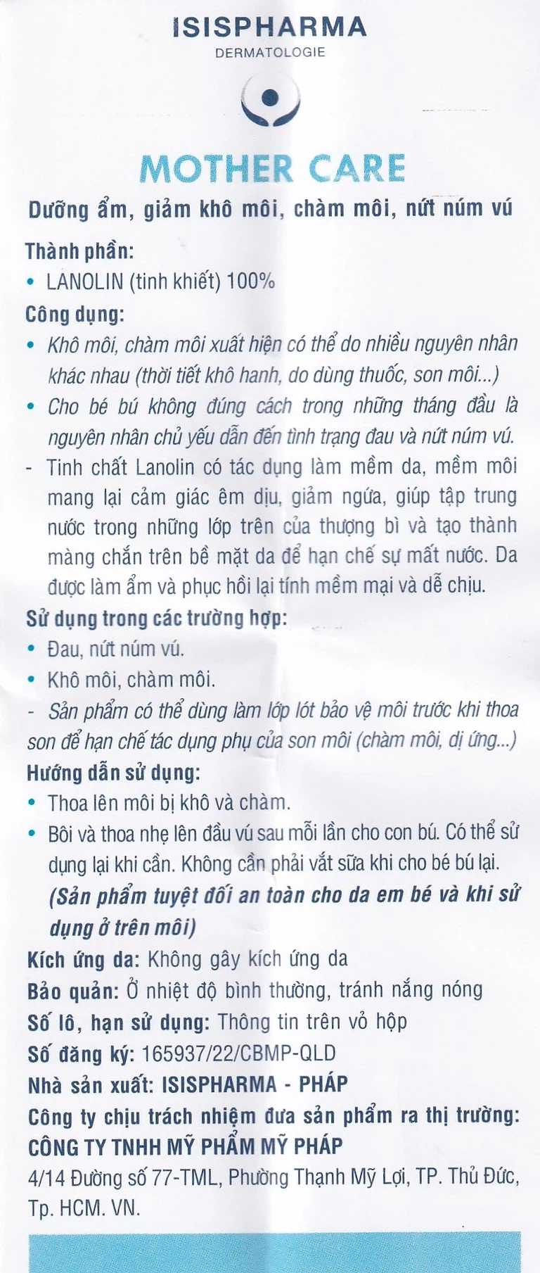 Kem Isis Pharma Mothercare dưỡng ẩm, giảm khô môi, chàm môi, nứt núm vú (15ml)