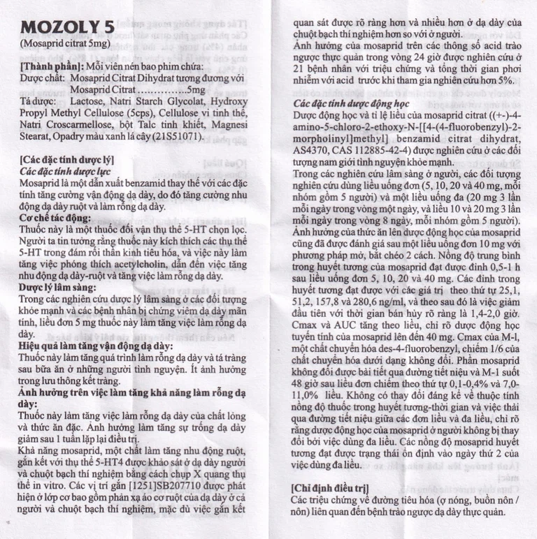 Viên nén Mozoly 5mg Cadila điều trị ợ nóng, buồn nôn, trào ngược dạ dày - thực quản (3 vỉ x 10 viên)