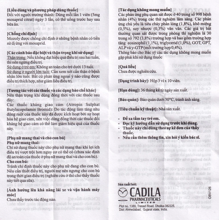 Viên nén Mozoly 5mg Cadila điều trị ợ nóng, buồn nôn, trào ngược dạ dày - thực quản (3 vỉ x 10 viên)