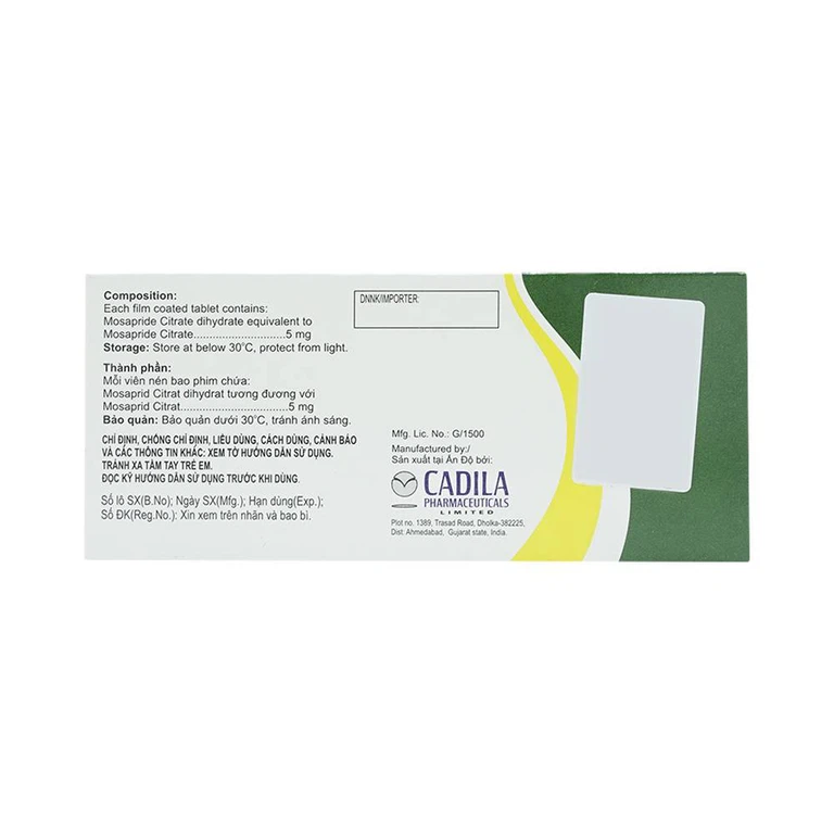Viên nén Mozoly 5mg Cadila điều trị ợ nóng, buồn nôn, trào ngược dạ dày - thực quản (3 vỉ x 10 viên)