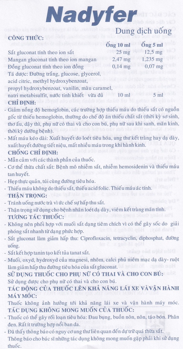 Dung dịch uống Nadyfer Nadyphar điều trị giảm nồng độ hemoglobin, mất máu kéo dài (2 vỉ x 10 ống)