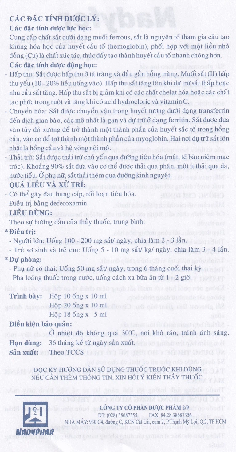 Dung dịch uống Nadyfer Nadyphar điều trị giảm nồng độ hemoglobin, mất máu kéo dài (2 vỉ x 10 ống)
