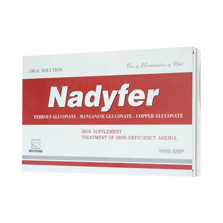 Dung dịch uống Nadyfer Nadyphar điều trị giảm nồng độ hemoglobin, mất máu kéo dài (2 vỉ x 10 ống)