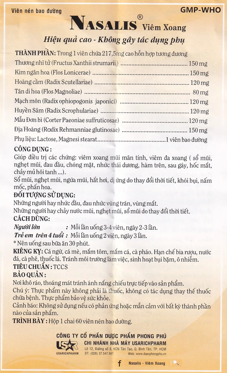 Viên uống Nasalis PP.Pharco hỗ trợ điều trị viêm xoang mũi mãn tính, viêm đa xoang (60 viên)