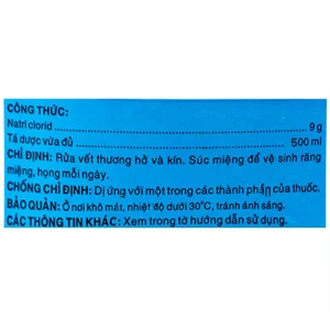 Dung dịch vô trùng Natri Clorid 0,9% Dược 3-2 rửa vết thương hở và kín, súc miệng (500ml)